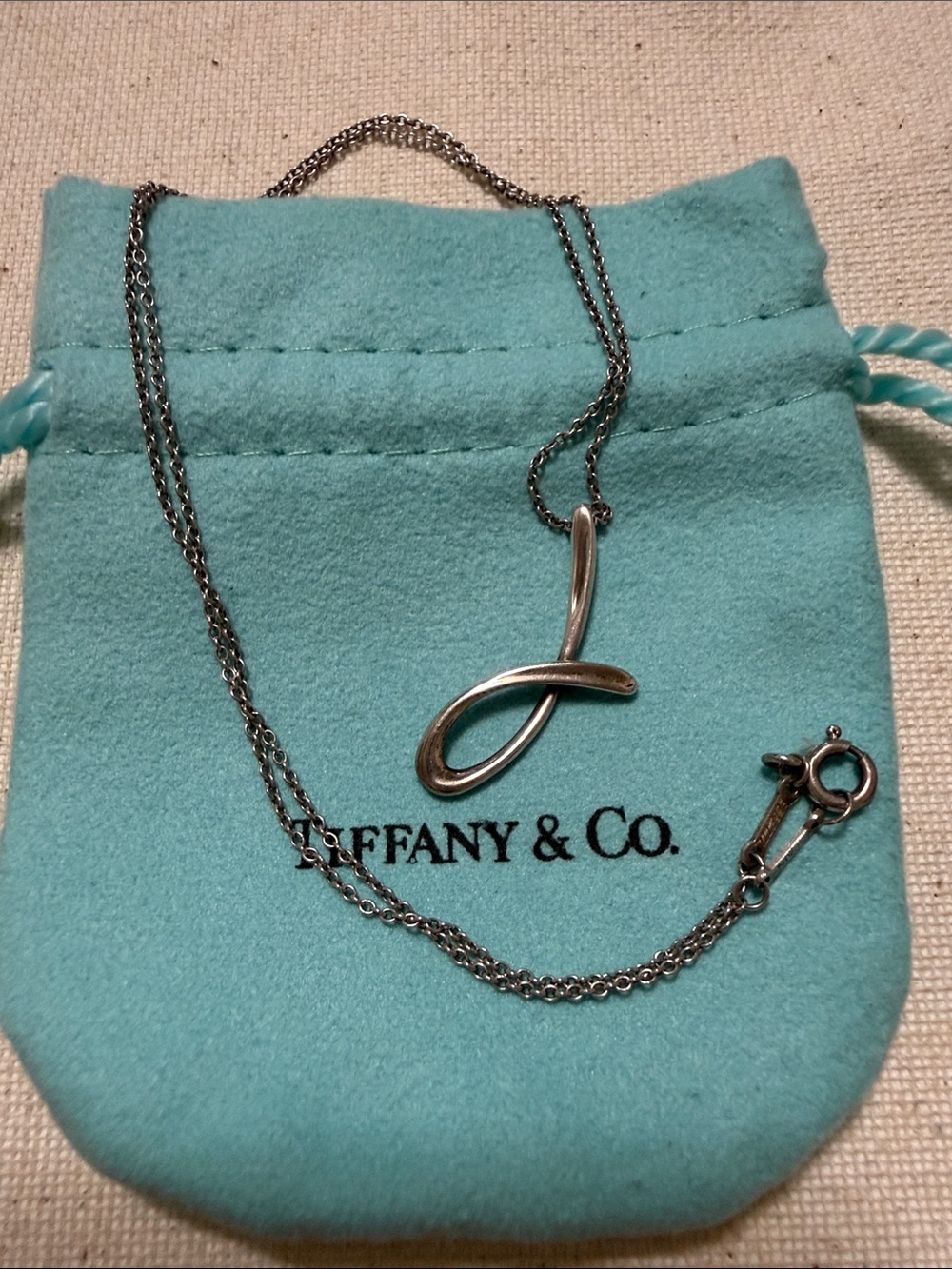 Tiffany&Co Sterl Silver 925 Elsa Peretti Alphabet Letter J Necklace 16’ W/Pouch